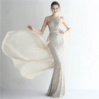 Women's Floral Sequin Chiffon Dress Beaded Halter Elegant Cocktail Long