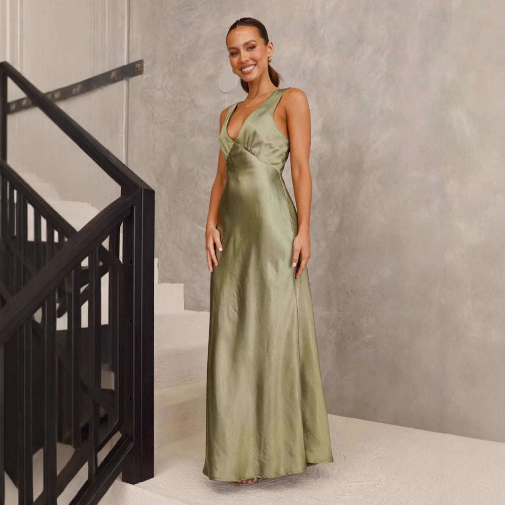 Women's V-Neck Satin Ruched Sleeveless Evening Dress