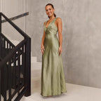 Women's V-Neck Satin Ruched Sleeveless Evening Dress