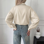 Casual Stand Collar Contrast Color Binding Lantern Sleeve