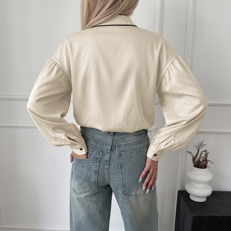Casual Stand Collar Contrast Color Binding Lantern Sleeve