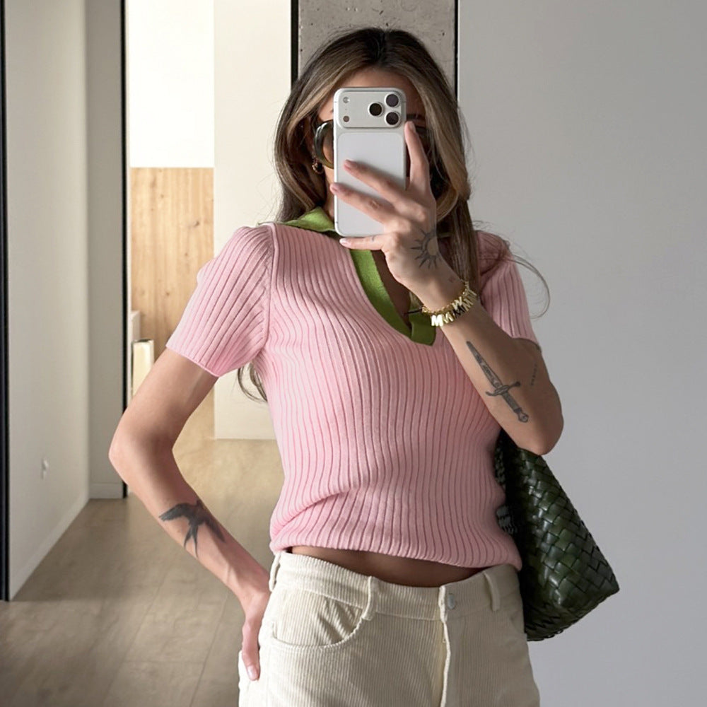 Contrast-Color Polo Knit Top