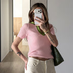 Contrast-Color Polo Knit Top