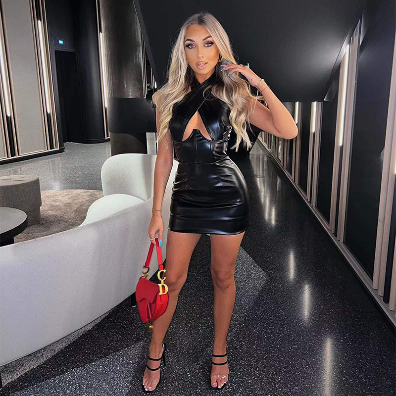 Women's Autumn Winter Popular Halter Sexy Topless Slimming Sheath Sleeveless Dress Women