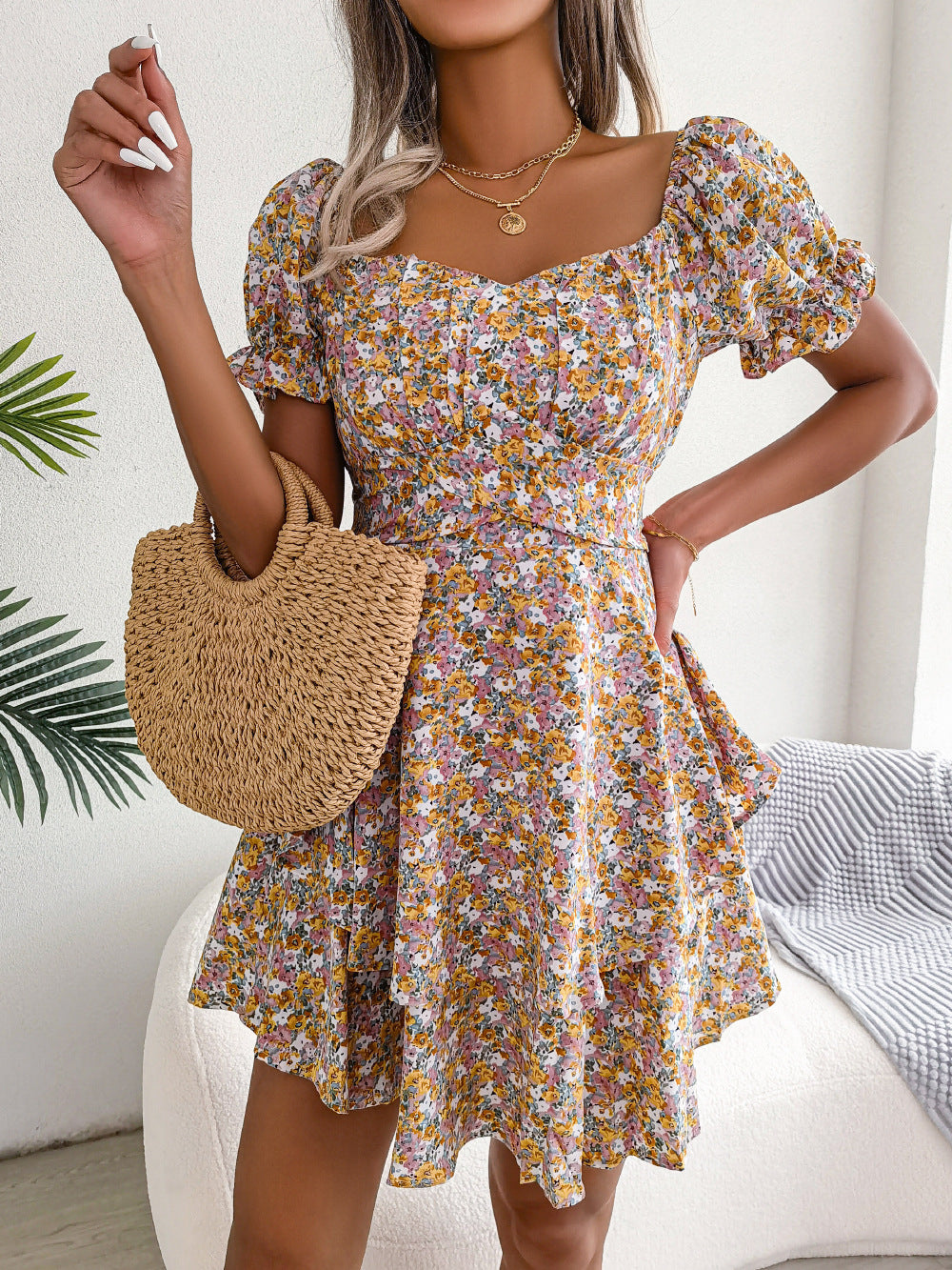 Women's Spring Summer Elegant Floral Lace-Up Waist-Controlled Large Hem Dress Women Clothing
