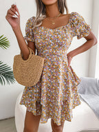 Women's Spring Summer Elegant Floral Lace-Up Waist-Controlled Large Hem Dress Women Clothing
