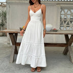 White lace sling maxi dress with scalloped trim and tiered skirt