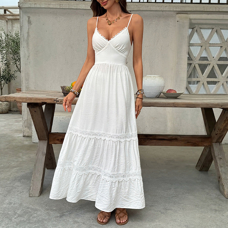 White lace sling maxi dress with scalloped trim and tiered skirt