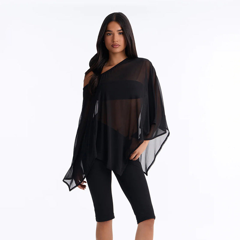 Women Clothing Summer Mesh Diagonal Collar Long Sleeve Tube