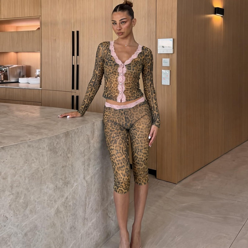Women's Leopard Mesh Top and Shorts Set