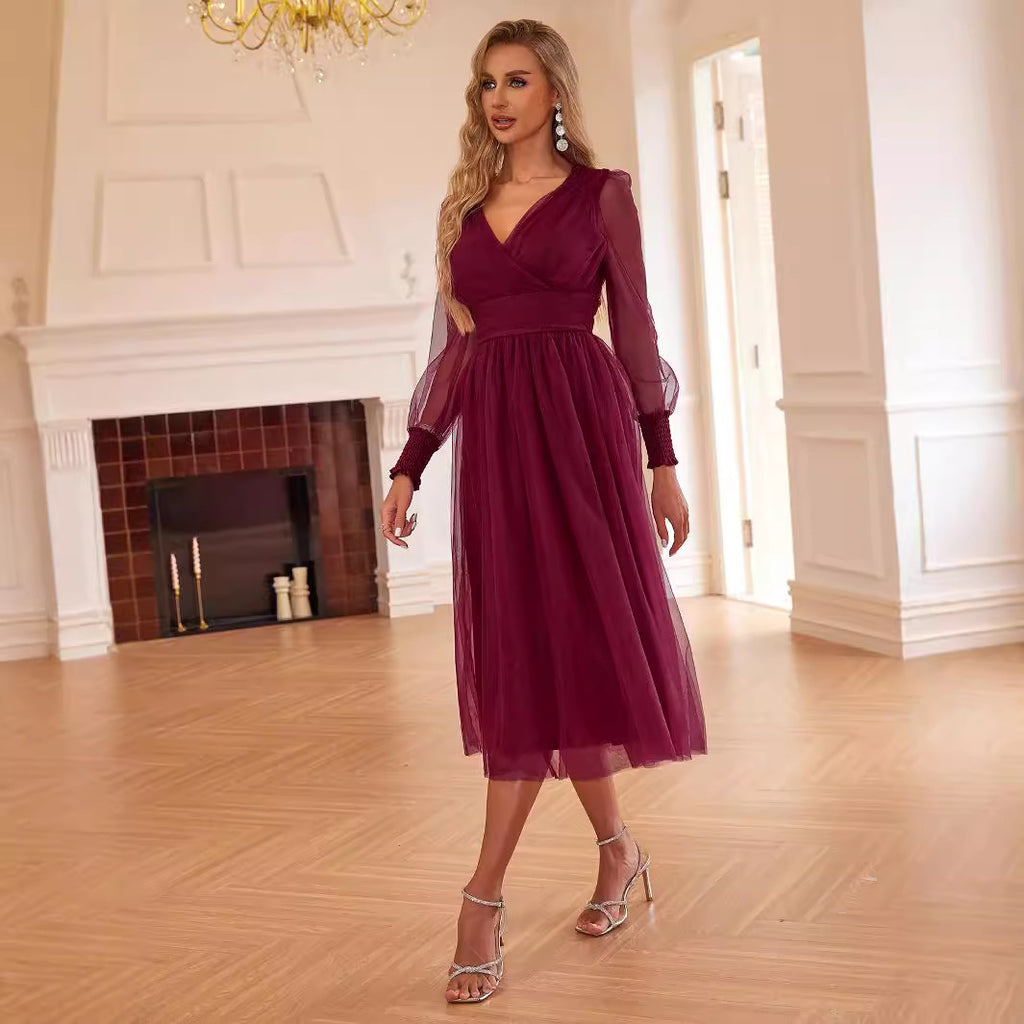 Women's V-Neck Mesh Long-Sleeve Maxi Dress