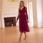 Women's V-Neck Mesh Long-Sleeve Maxi Dress