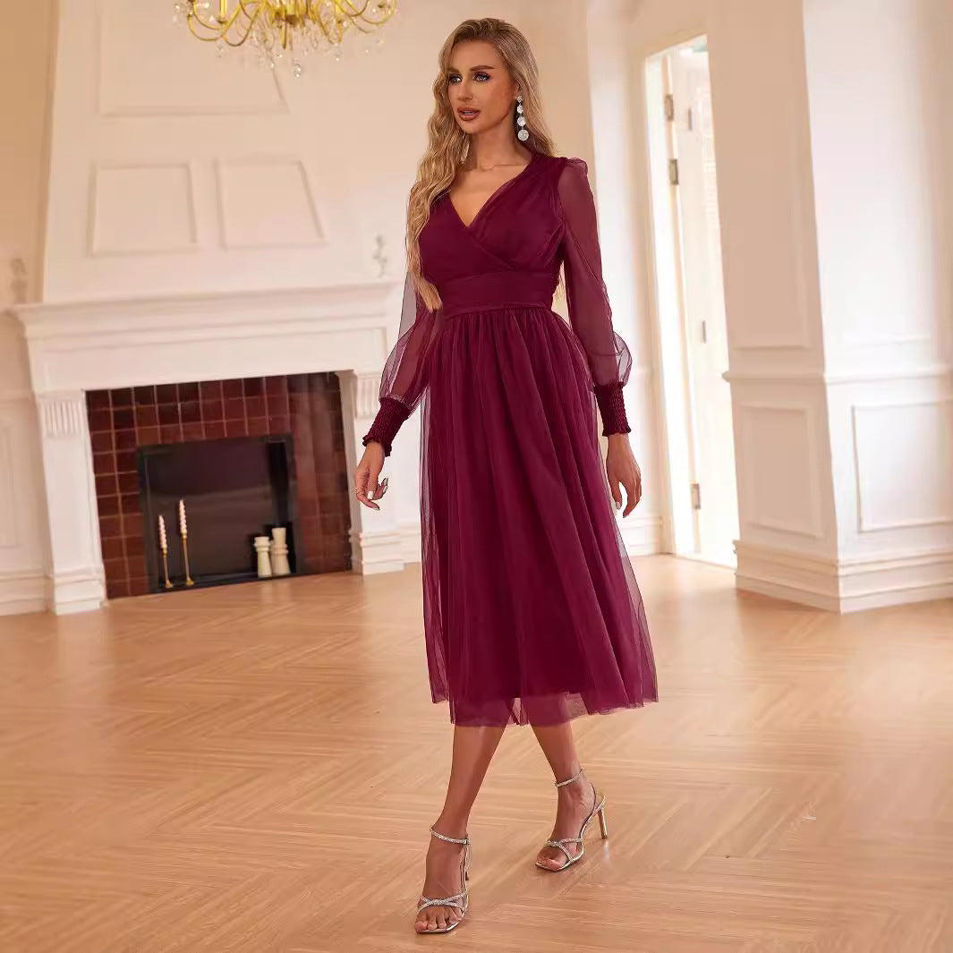 Women's V-Neck Mesh Long-Sleeve Maxi Dress