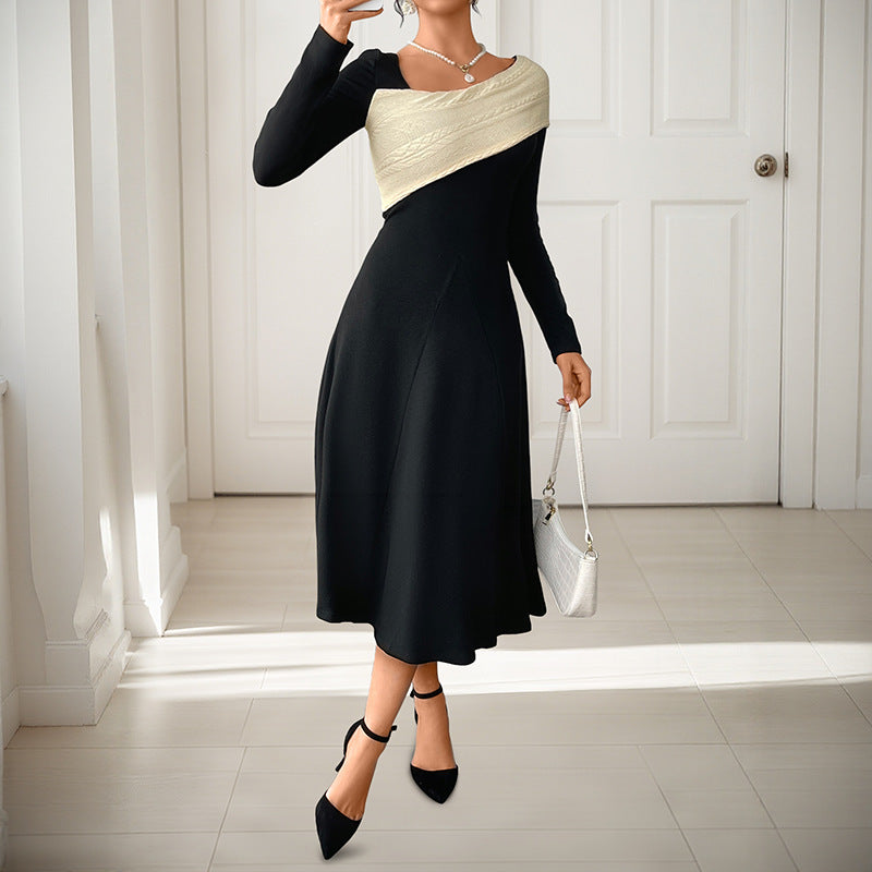 Controlled Large Hem Irregular Asymmetric V-Neck Color-Block Dress