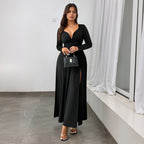 Women's Retro Deep V Plunge Neck Long Sleeve Split Black Large Swing Dress Women Slim Waist Elegant Formal Dress