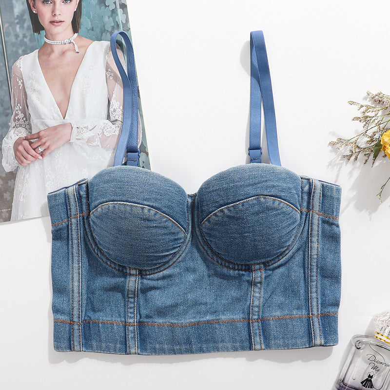 's Denim Camisole Beauty Back Cropped Free Underwear Boning