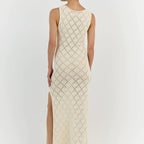 Apricot knit maxi dress with sleeveless high neck and diamond grid, front side slit