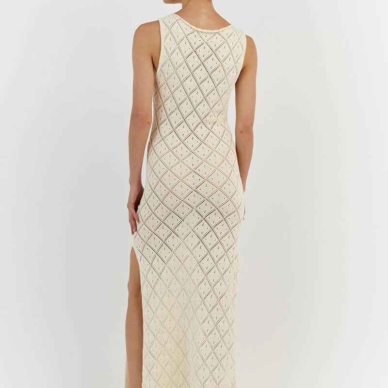 Apricot knit maxi dress with sleeveless high neck and diamond grid, front side slit