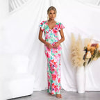 Women's Floral V neck Lotus Leaf Sleeve Mid Length Dress