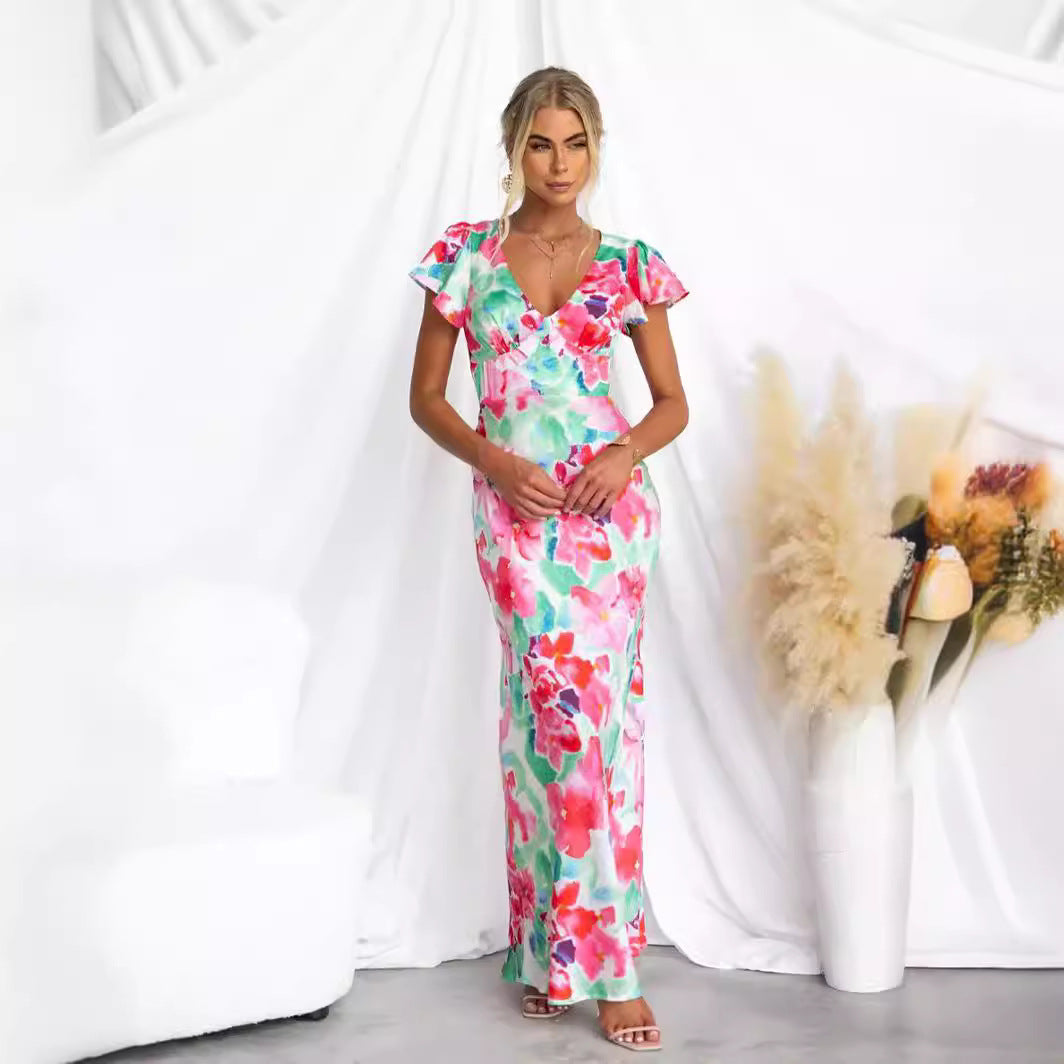 Women's Floral V neck Lotus Leaf Sleeve Mid Length Dress