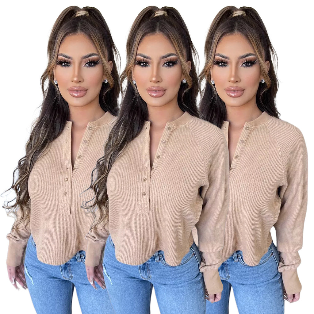 Women's Nightclub Uniforms Waffle Button Thread Baseball Collar Top