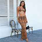 Women’s lace halter dress, orange floral print with halter bow and bodycon midi skirt.