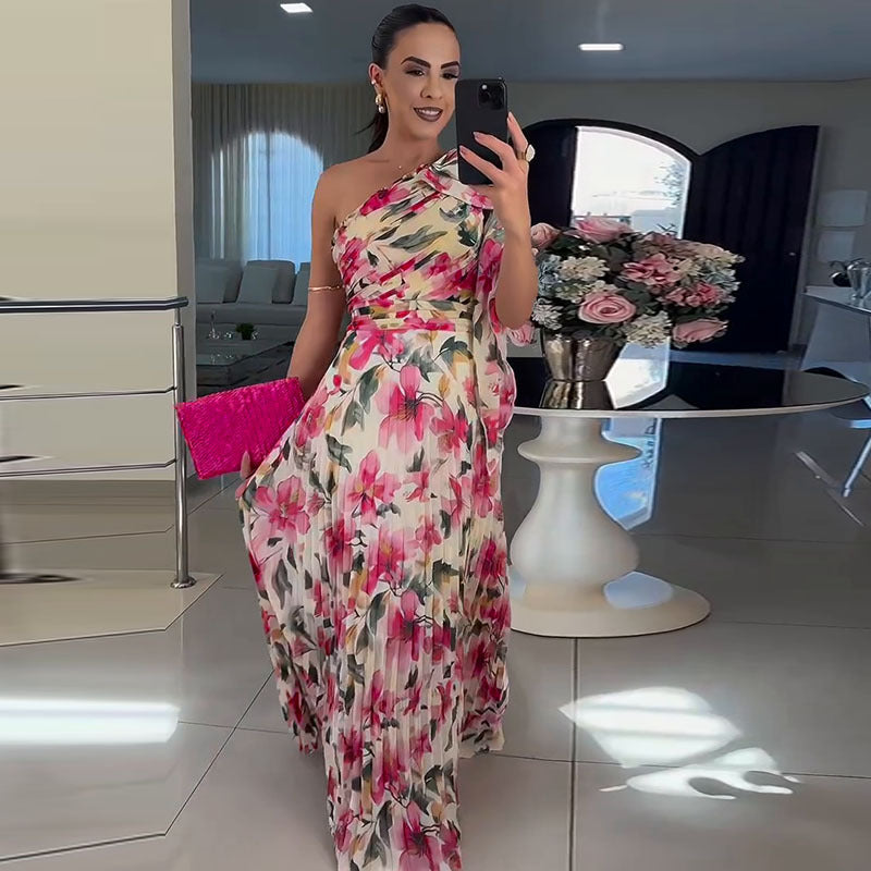 Autumn Popular Elegant Floral Off-Shoulder Folding Elegant Printed Dress