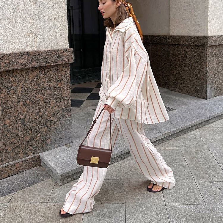 Women's Striped Polo Shirt & Wide-Leg Pants Set