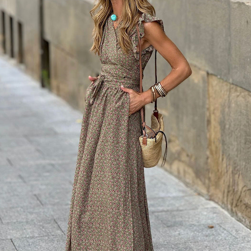 Women's Ruffle-Trim Floral V-Neck Maxi Dress