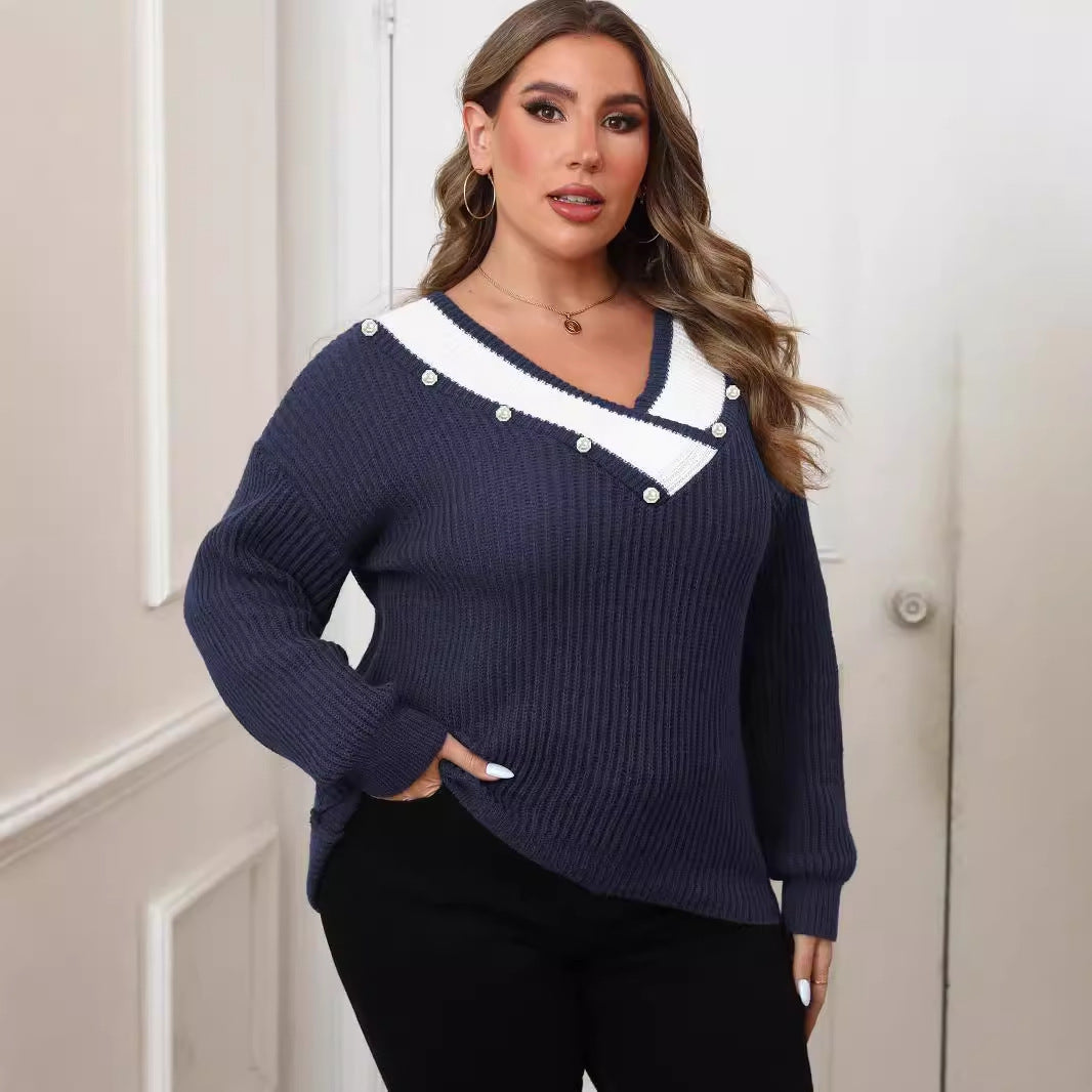 Plus Size Imitation Pearl Beaded Top Women Clothes Color Contrast Patchwork Large V neck Loose Woven Sweater Sweater