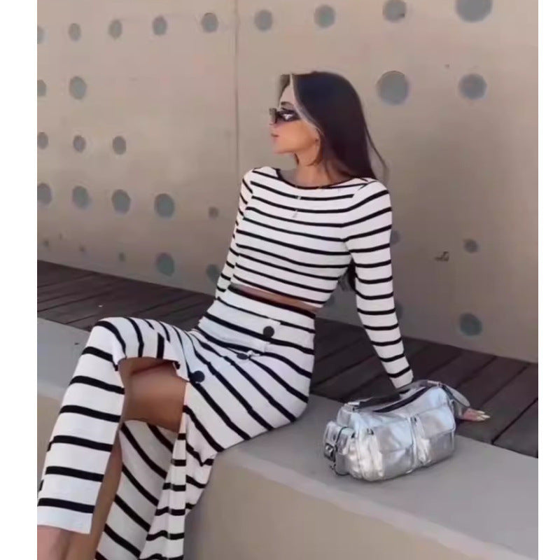 Women's Autumn Classic Black White Top And Skirt Two-Piece Set