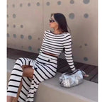 Women's Autumn Classic Black White Top And Skirt Two-Piece Set