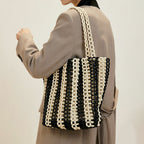 Women's Contrast Color Wooden Bead Handbag Holiday Beaded Beach Bag Hollow Out Cutout Mesh Women Shoulder Bag