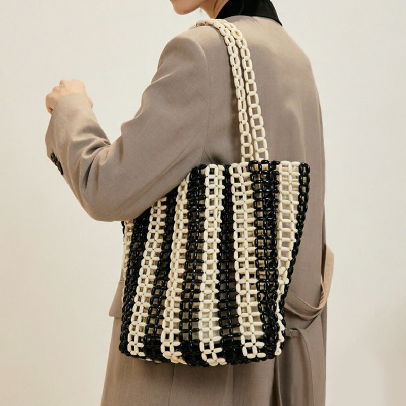 Women's Contrast Color Wooden Bead Handbag Holiday Beaded Beach Bag Hollow Out Cutout Mesh Women Shoulder Bag