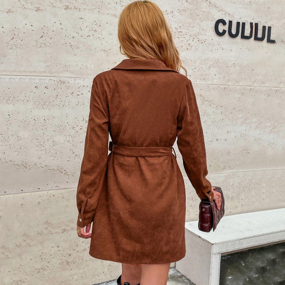 Women's Breasted Belt Loose Casual Corduroy Long Sleeve Shirt Dress
