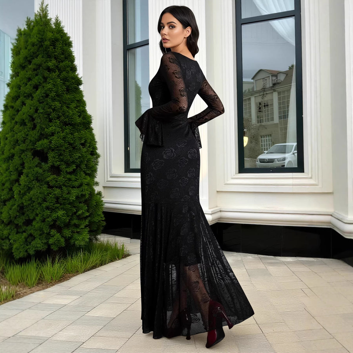 Mesh Jacquard Square Collar Irregular Asymmetric Slim Dress