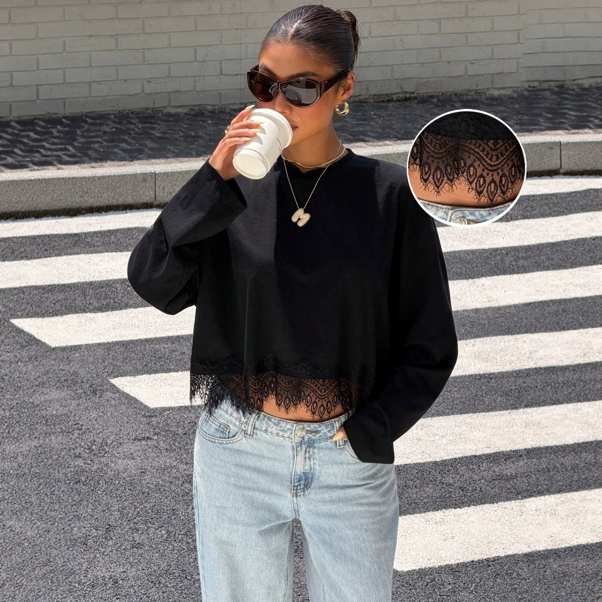 Women's Lace-Trim Long-Sleeve T-Shirt