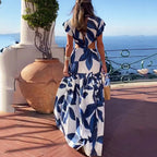 Women's Summer Women Printed V Neck Sexy Waist Lace Up Pleated Dress