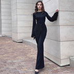 Women's Crew-Neck Tie-Waist Long-Sleeve Maxi Dress