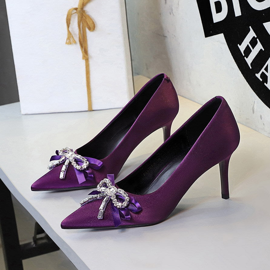 Women's Rhinestone Bow Satin Stiletto Heels