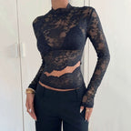 Women's Lace Cutout Stand-Collar Long-Sleeve Top