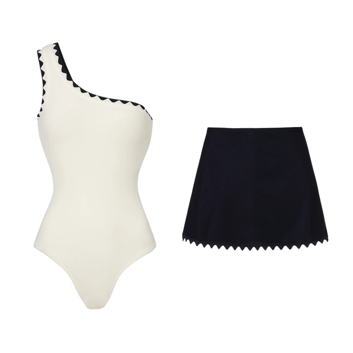 White one-piece swimsuit and dark swim skirt with black scalloped trim