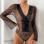 Leopard Print Lace Bell Sleeve Jumpsuit