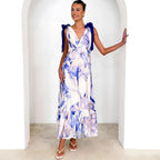 Women's Summer Women Maxi Dress V Neck Sleeveless Printed Dress