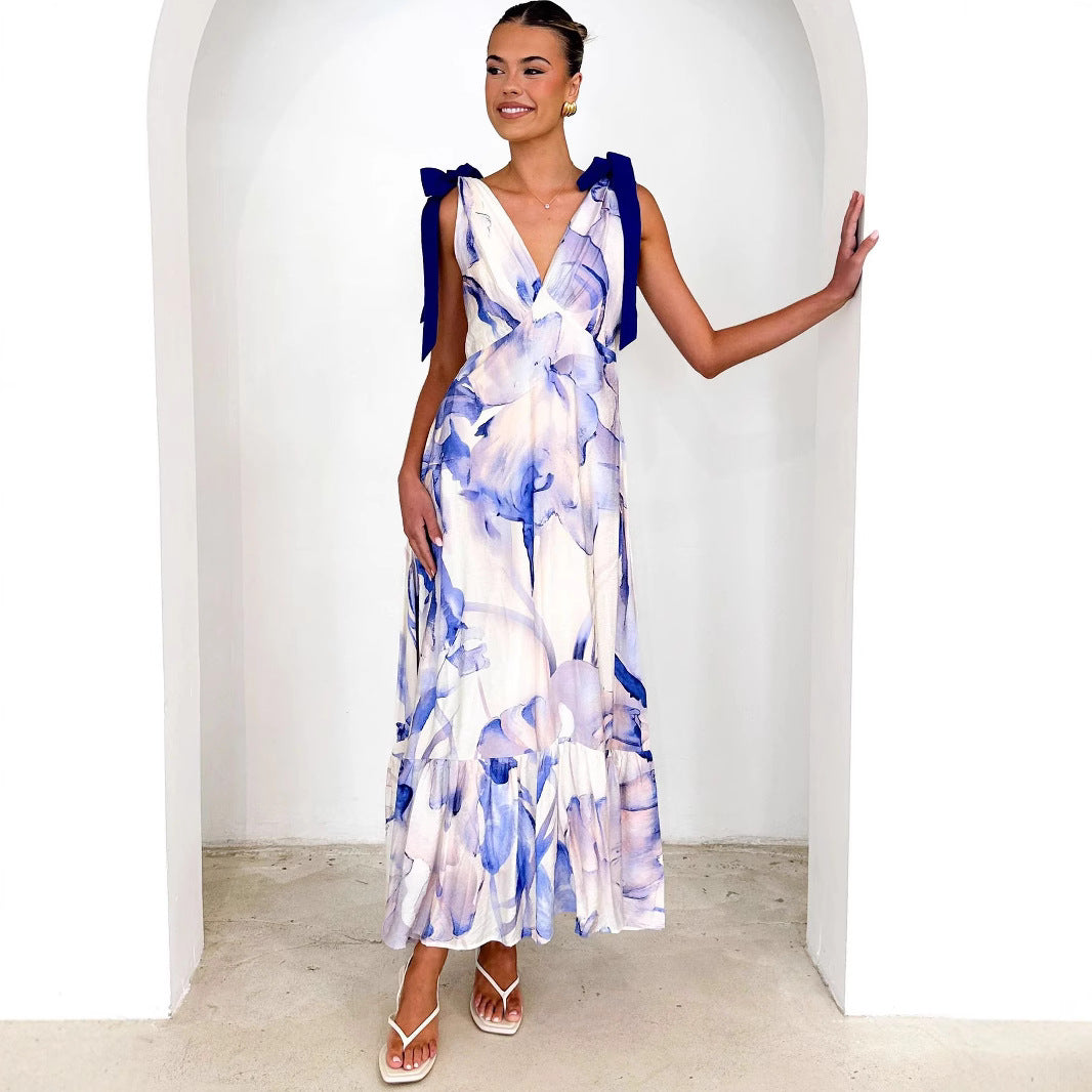 Women's Summer Women Maxi Dress V Neck Sleeveless Printed Dress