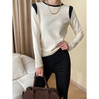 Women's Sinan French High-Grade Shoulder Contrast Color Slightly Brushed Comfortable Thin Velvet Round Neck Bottoming Shirt