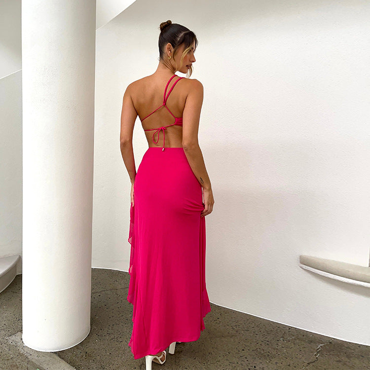 French Strap Ruffled Irregular Asymmetric Slit Maxi Dress