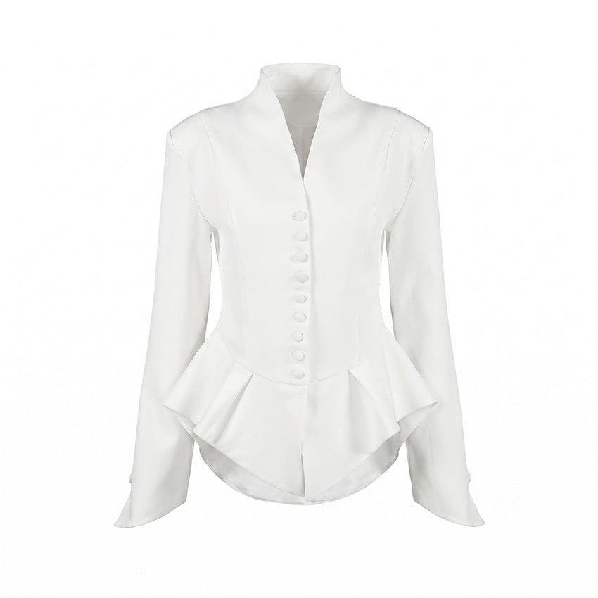 Business Wear Women Autumn White Stand Collar Tight Waist Breasted Lotus Leaf Hem Slim Fit Slimming Commuting Coat