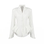 Business Wear Women Autumn White Stand Collar Tight Waist Breasted Lotus Leaf Hem Slim Fit Slimming Commuting Coat