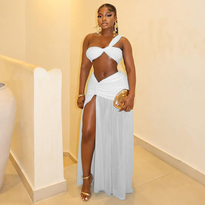 Women's One-Shoulder Top & Wrap Maxi Skirt Set